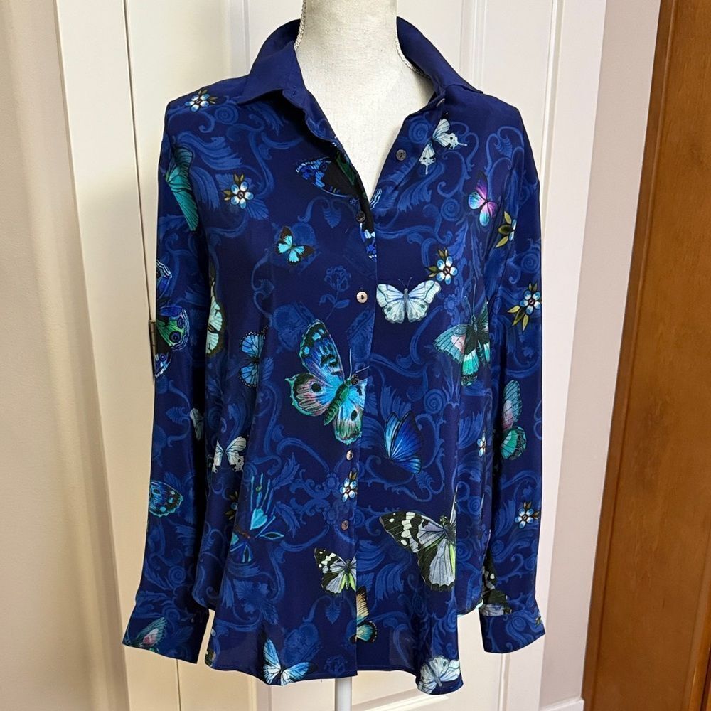 JOHNNY WAS SILK BLOUSE BUTTON UP LONG SLEEVE BUTTERFLY FLORAL BLUE AQUA SZ S EUC